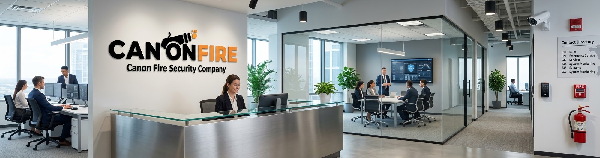 Canon Fire Security Company reception with the company logo wall